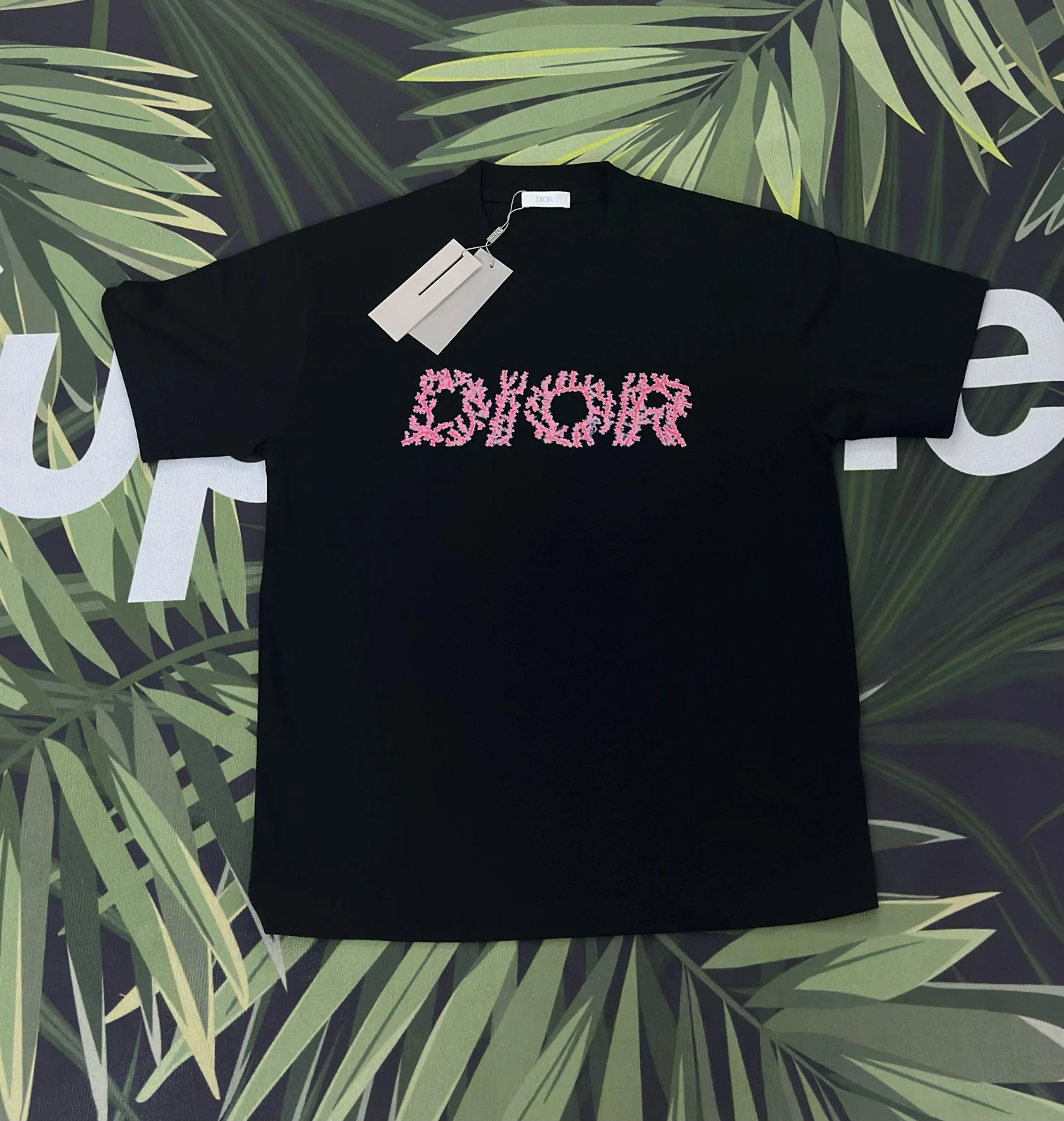 Zwart Dior-T-shirt met een roze structuurlogo